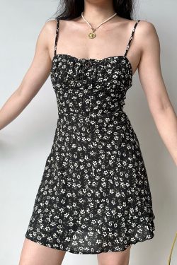 Floral Print Spaghetti Strap Dress for Women - A-Line Slim Fit, European American Style, Summer Short/Long Length, Y2K Fashion