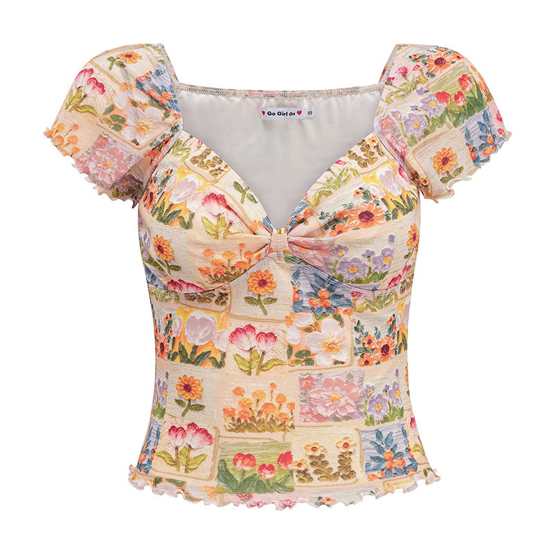 Floral Print V-Neck T-Shirt for Women - DIY European American Style, Summer Lace Mesh Short Sleeve Top, Trendy 90s Inspired Fashion Floral Print V-Neck T-Shirt for Women - DIY European American Style, Summer Lace Mesh Short Sleeve Top, Trendy 90s Inspired Fashion