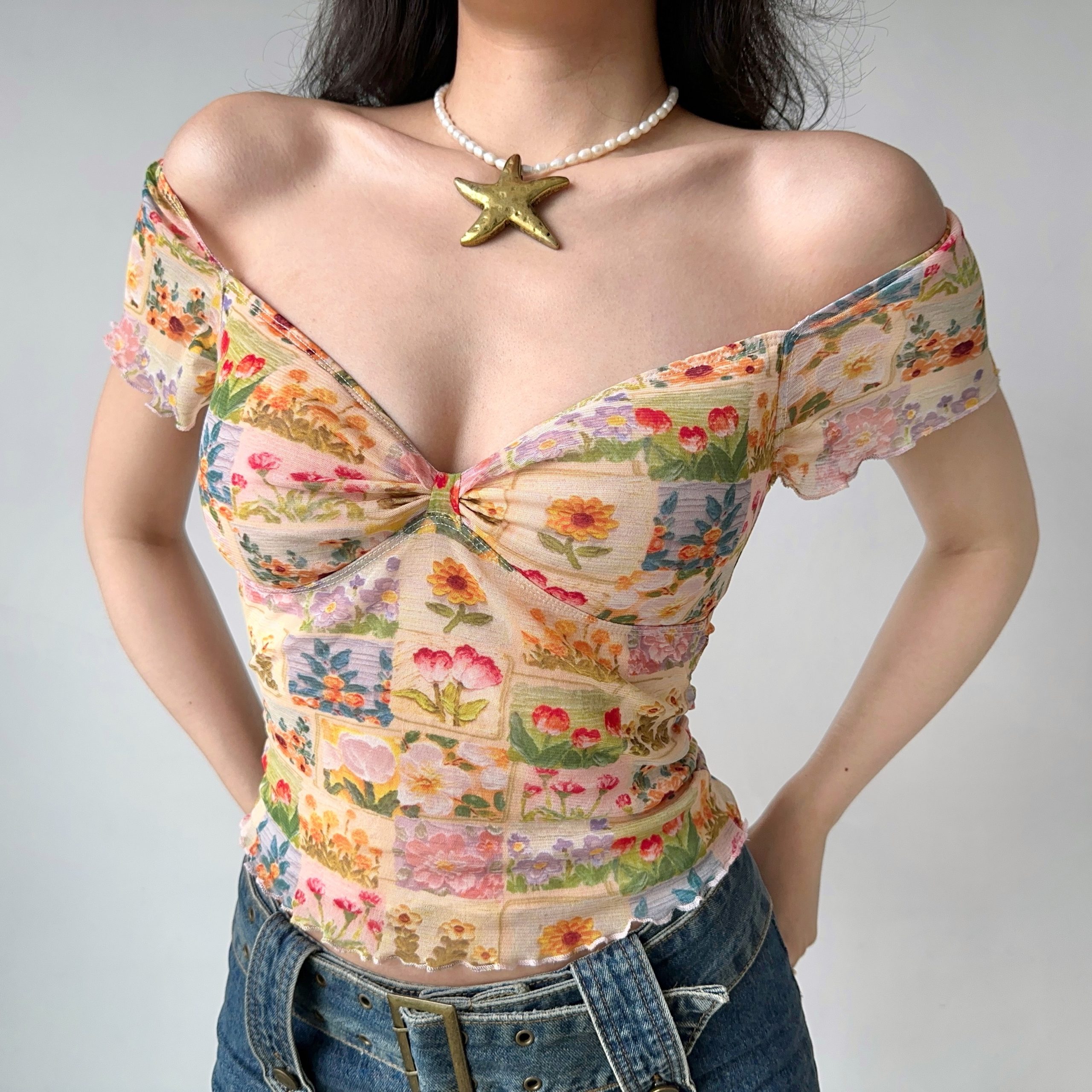 Floral Print V-Neck T-Shirt for Women - DIY European American Style, Summer Lace Mesh Short Sleeve Top, Trendy 90s Inspired Fashion Floral Print V-Neck T-Shirt for Women - DIY European American Style, Summer Lace Mesh Short Sleeve Top, Trendy 90s Inspired Fashion