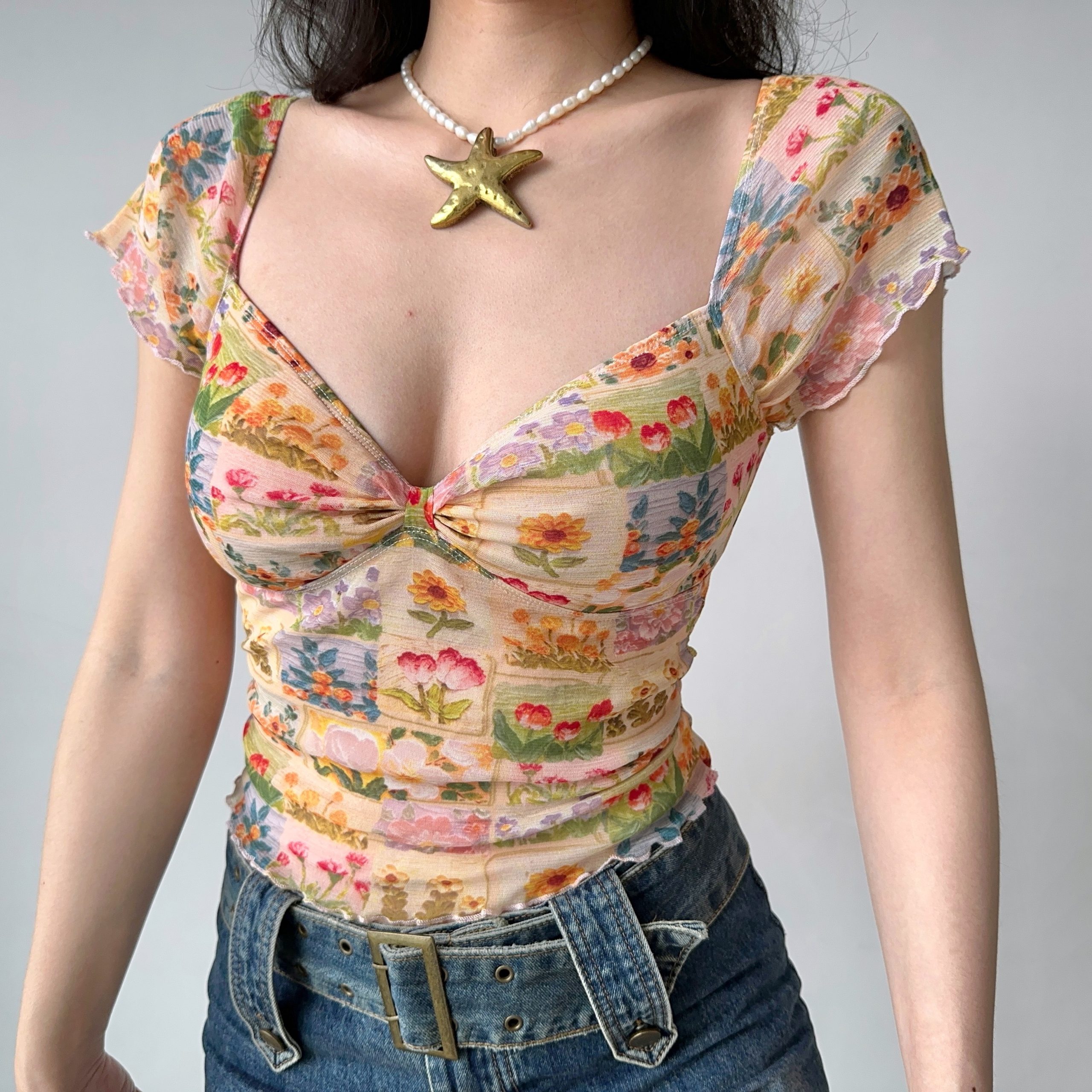 Floral Print V-Neck T-Shirt for Women - DIY European American Style, Summer Lace Mesh Short Sleeve Top, Trendy 90s Inspired Fashion Floral Print V-Neck T-Shirt for Women - DIY European American Style, Summer Lace Mesh Short Sleeve Top, Trendy 90s Inspired Fashion