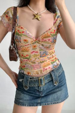 Floral Print V-Neck T-Shirt for Women - Summer Lace Mesh Short Sleeve Top in European and American Style, Perfect for Y2K Fashion