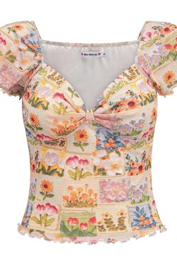 Floral Print V-Neck T-Shirt for Women - Summer Lace Mesh Short Sleeve Top in European and American Style, Perfect for Y2K Fashion