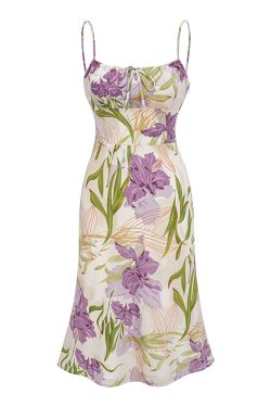 Floral Printed Hollow-Out Camisole Dress with Fitted Waist - European & American Style for Vacation, 90s Inspired Fashion