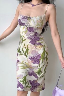 Floral Printed Hollow-Out Camisole Dress with Fitted Waist - European & American Style for Vacation, 90s Inspired Fashion
