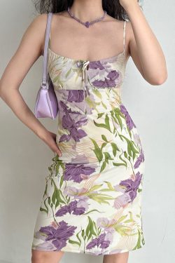 Floral Printed Hollow-Out Camisole Dress with Fitted Waist - European & American Style for Vacation, 90s Inspired Fashion