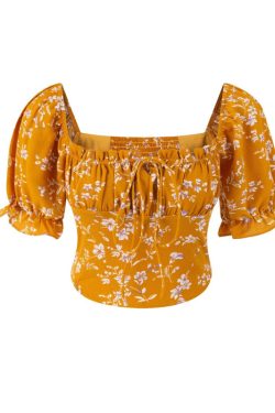 Floral Puff Sleeve Blouse - Square Neck, Waist-Revealing, Short Sleeve - Spring/Summer 2025 Vacation Style