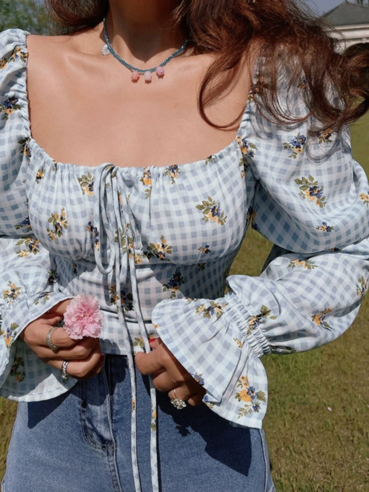 Floral Puff Sleeve Crop Top Shirt with Square Neck - Vintage French Style for Spring Summer Vacation Fashion Floral Puff Sleeve Crop Top Shirt with Square Neck - Vintage French Style for Spring Summer Vacation Fashion