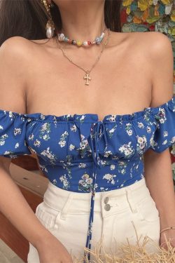 Floral Puff Sleeve Short Sleeve Vacation Shirt with Drawstring French Square Neck and Waist-Exposing Design for Spring/Summer 2025