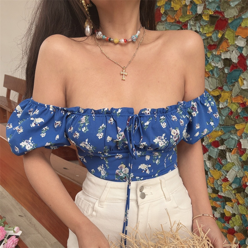Floral Puff Sleeve Short Sleeve Vacation Shirt with Drawstring French Square Neck and Waist-Exposing Design for Spring/Summer 2025 Floral Puff Sleeve Short Sleeve Vacation Shirt with Drawstring French Square Neck and Waist-Exposing Design for Spring/Summer 2025