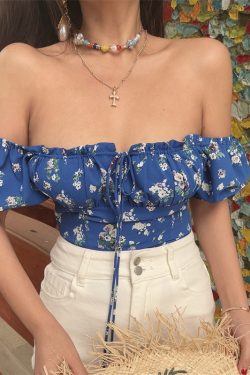 Floral Puff Sleeve Short Sleeve Vacation Shirt with Drawstring French Square Neck and Waist-Exposing Design for Spring/Summer 2025