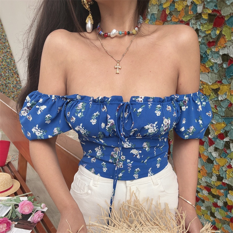 Floral Puff Sleeve Short Sleeve Vacation Shirt with Drawstring French Square Neck and Waist-Exposing Design for Spring/Summer 2025 Floral Puff Sleeve Short Sleeve Vacation Shirt with Drawstring French Square Neck and Waist-Exposing Design for Spring/Summer 2025