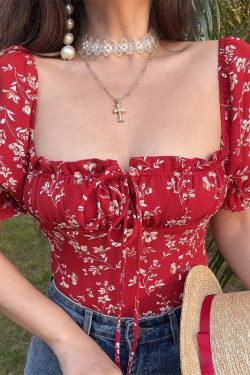 Floral Puff Sleeve Top with Square Neck and Drawstring Waist - Spring/Summer 2025 Vacation Style, Perfect for 90s and Y2K Fashion
