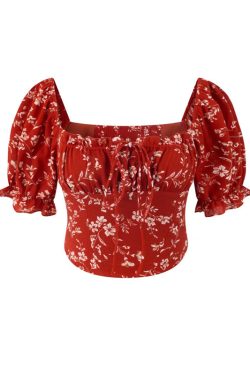 Floral Puff Sleeve Top with Square Neck and Drawstring Waist - Spring/Summer 2025 Vacation Style, Perfect for 90s and Y2K Fashion