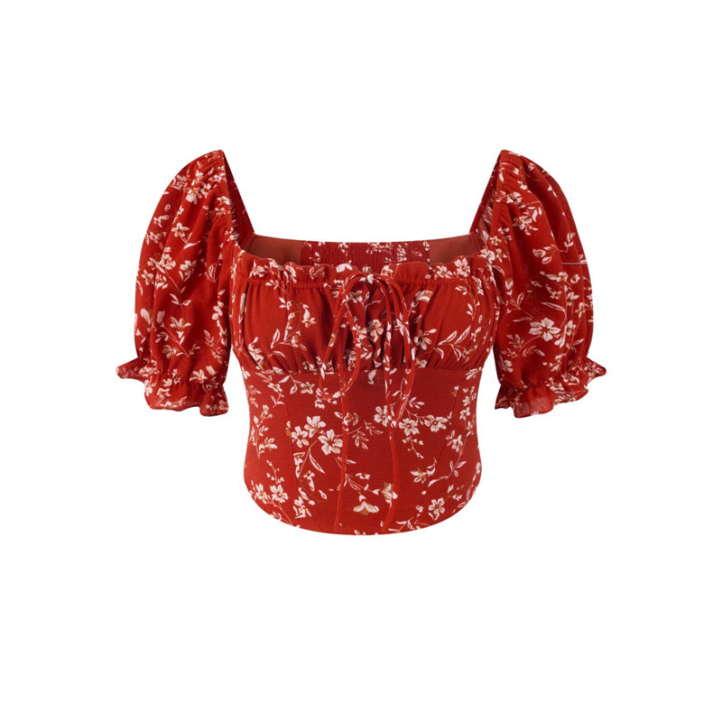 Floral Puff Sleeve Top with Square Neck and Drawstring Waist - Spring/Summer 2025 Vacation Style, Perfect for 90s and Y2K Fashion Floral Puff Sleeve Top with Square Neck and Drawstring Waist - Spring/Summer 2025 Vacation Style, Perfect for 90s and Y2K Fashion