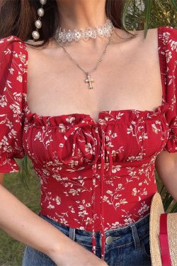 Floral Puff Sleeve Top with Square Neck and Drawstring Waist - Spring/Summer 2025 Vacation Style, Perfect for 90s and Y2K Fashion