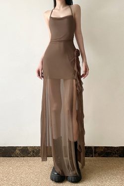 Floral Ribbon Split Hem Backless Halter Camisole Dress with Sheer Mesh Splicing - Y2K Style Long Skirt