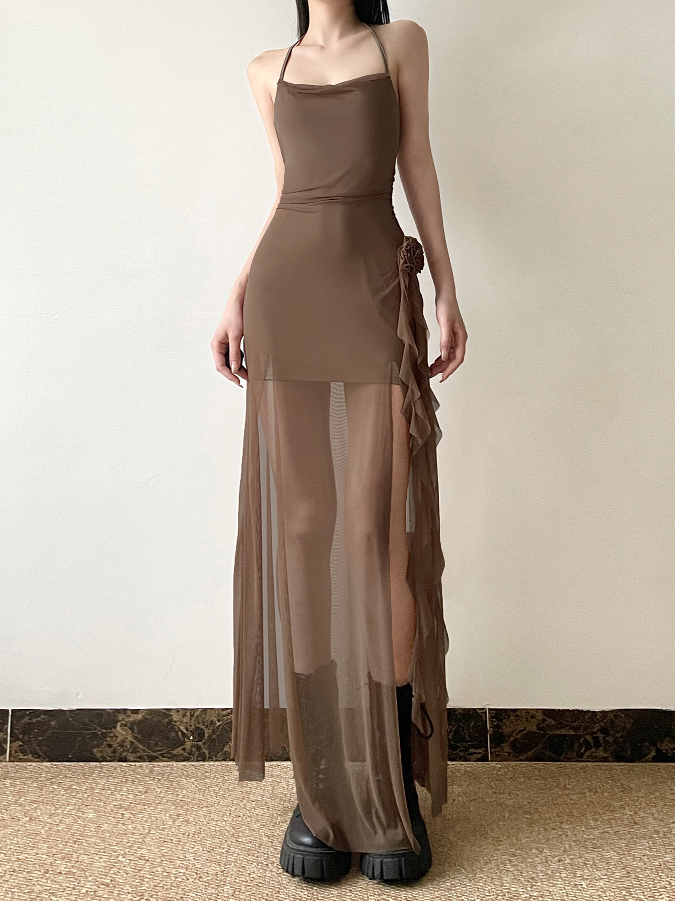 Floral Ribbon Split Hem Backless Halter Camisole Dress with Sheer Mesh Splicing - Y2K Style Long Skirt Floral Ribbon Split Hem Backless Halter Camisole Dress with Sheer Mesh Splicing - Y2K Style Long Skirt