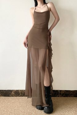 Floral Ribbon Split Hem Backless Halter Camisole Dress with Sheer Mesh Splicing - Y2K Style Long Skirt