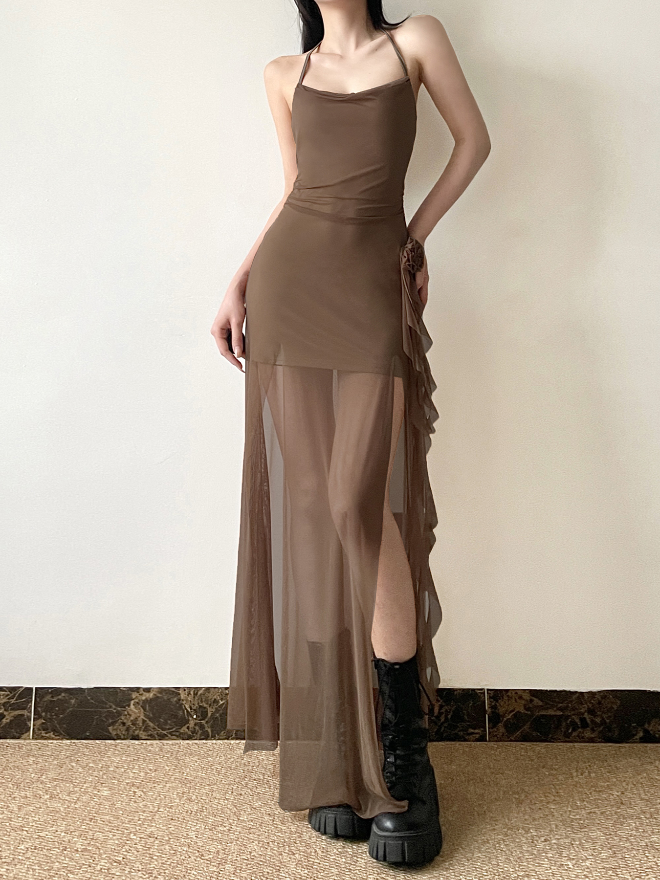 Floral Ribbon Split Hem Backless Halter Camisole Dress with Sheer Mesh Splicing - Y2K Style Long Skirt Floral Ribbon Split Hem Backless Halter Camisole Dress with Sheer Mesh Splicing - Y2K Style Long Skirt