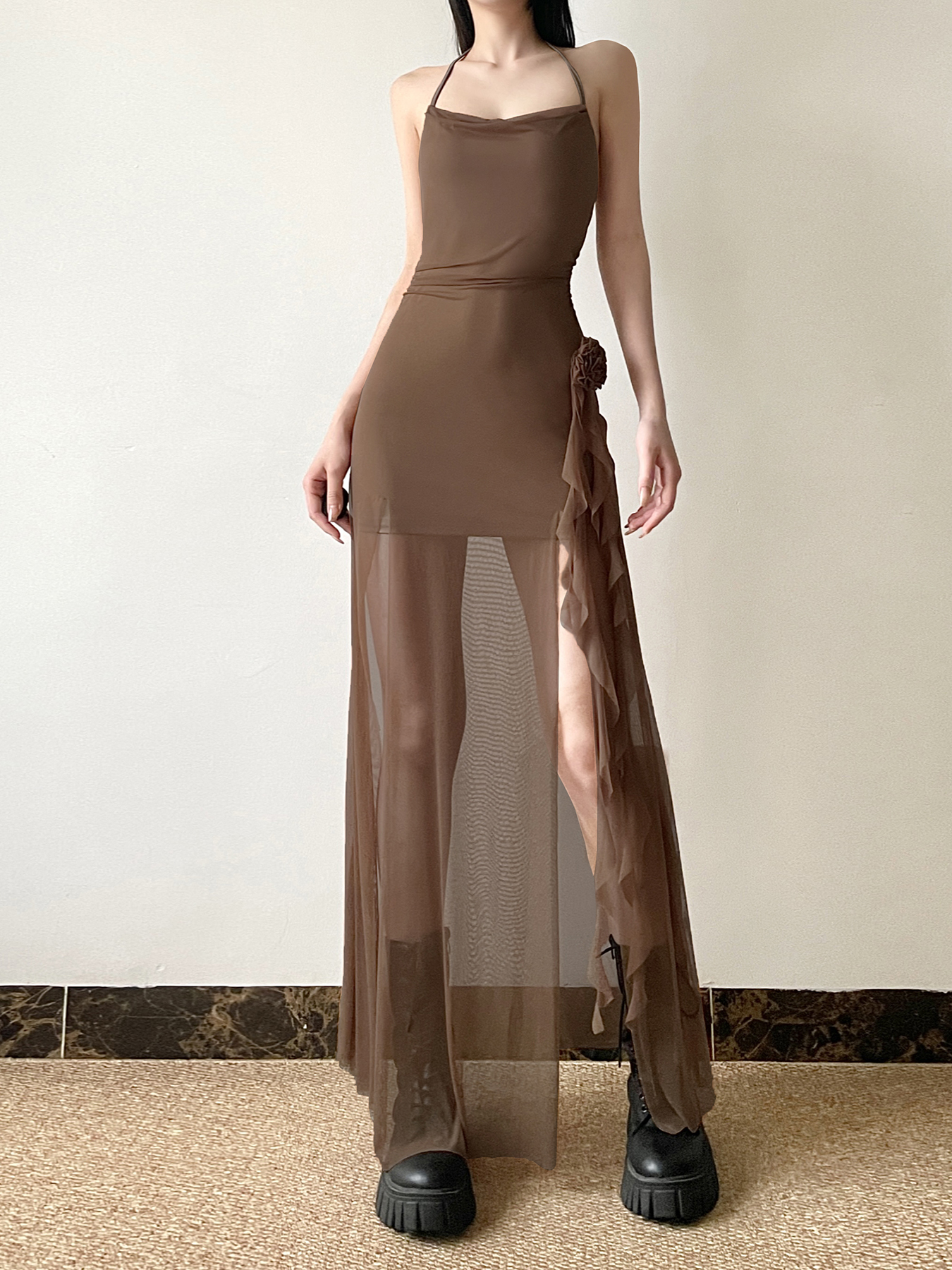 Floral Ribbon Split Hem Backless Halter Camisole Dress with Sheer Mesh Splicing - Y2K Style Long Skirt Floral Ribbon Split Hem Backless Halter Camisole Dress with Sheer Mesh Splicing - Y2K Style Long Skirt