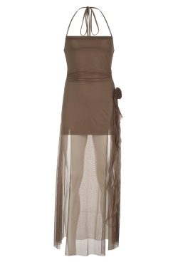 Floral Ribbon Split Hem Backless Halter Camisole Dress with Sheer Mesh Splicing - Y2K Style Long Skirt