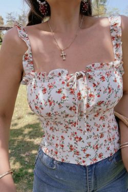 Floral Ruffle Tie-Up Camisole Top for Women - French Vintage Style, 2025 Spring/Summer Fashion, Perfect for Y2K and Korean Style Looks