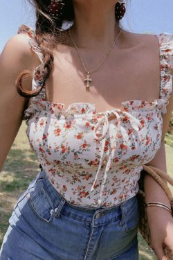 Floral Ruffle Tie-Up Camisole Top for Women - French Vintage Style, 2025 Spring/Summer Fashion, Perfect for Y2K and Korean Style Looks