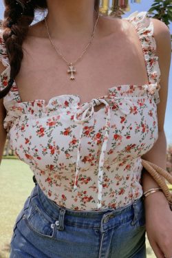 Floral Ruffle Tie-Up Camisole Top for Women - French Vintage Style, 2025 Spring/Summer Fashion, Perfect for Y2K and Korean Style Looks