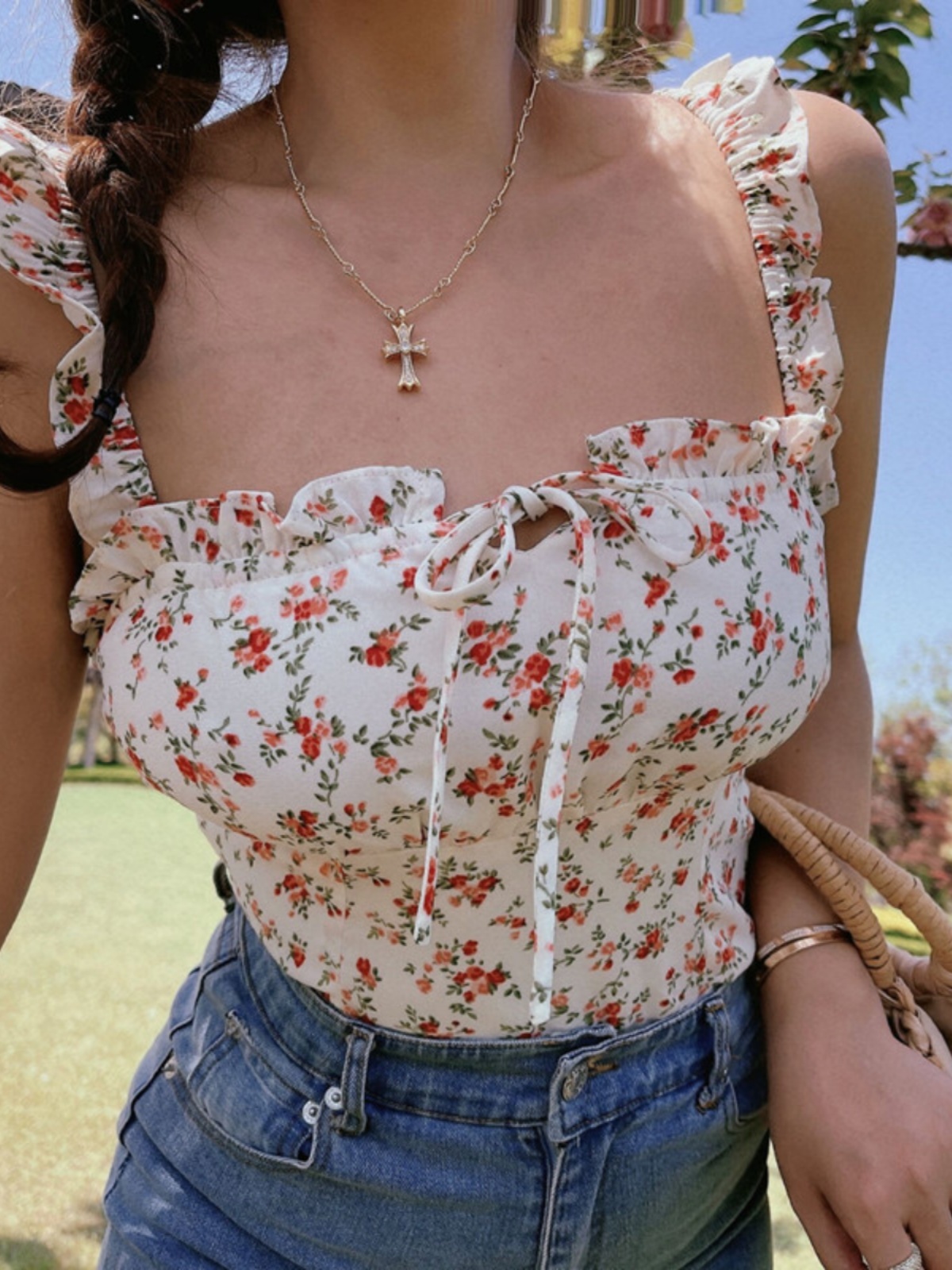 Floral Ruffle Tie-Up Camisole Top for Women - French Vintage Style, 2025 Spring/Summer Fashion, Perfect for Y2K and Korean Style Looks Floral Ruffle Tie-Up Camisole Top for Women - French Vintage Style, 2025 Spring/Summer Fashion, Perfect for Y2K and Korean Style Looks
