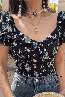 Floral Ruffled Puff Sleeve Tie Short-Sleeve Shirt - 2025 Spring/Summer Vacation Top