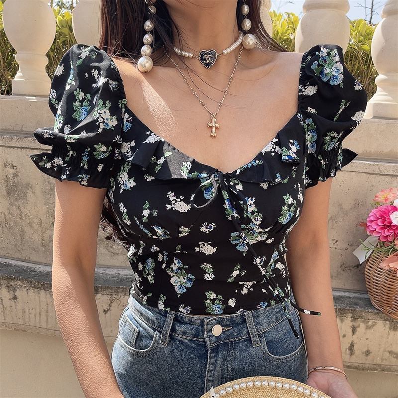 Floral Ruffled Puff Sleeve Tie Short-Sleeve Shirt - 2025 Spring/Summer Vacation Top Floral Ruffled Puff Sleeve Tie Short-Sleeve Shirt - 2025 Spring/Summer Vacation Top