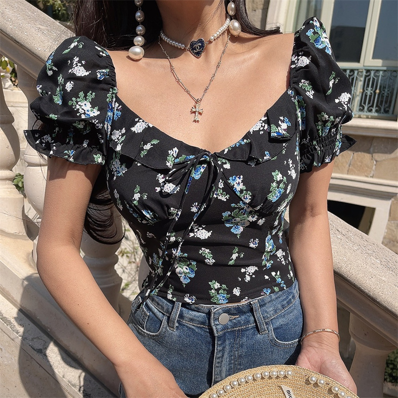 Floral Ruffled Puff Sleeve Tie Short-Sleeve Shirt - 2025 Spring/Summer Vacation Top Floral Ruffled Puff Sleeve Tie Short-Sleeve Shirt - 2025 Spring/Summer Vacation Top