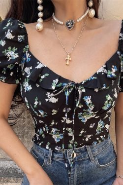 Floral Ruffled Puff Sleeve Tie Short-Sleeve Shirt - 2025 Spring/Summer Vacation Top