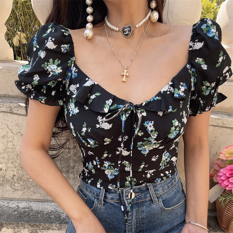 Floral Ruffled Puff Sleeve Tie Short-Sleeve Shirt - 2025 Spring/Summer Vacation Top Floral Ruffled Puff Sleeve Tie Short-Sleeve Shirt - 2025 Spring/Summer Vacation Top