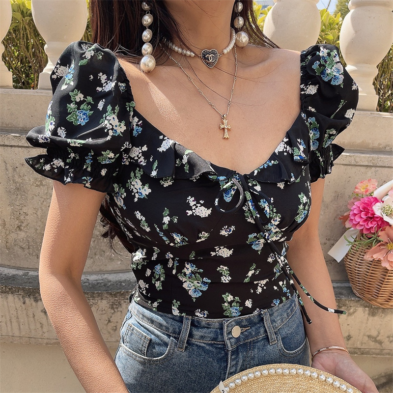 Floral Ruffled Puff Sleeve Tie Short-Sleeve Shirt - 2025 Spring/Summer Vacation Top Floral Ruffled Puff Sleeve Tie Short-Sleeve Shirt - 2025 Spring/Summer Vacation Top