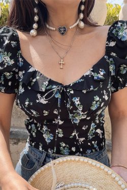 Floral Ruffled Puff Sleeve Tie Short-Sleeve Shirt - 2025 Spring/Summer Vacation Top