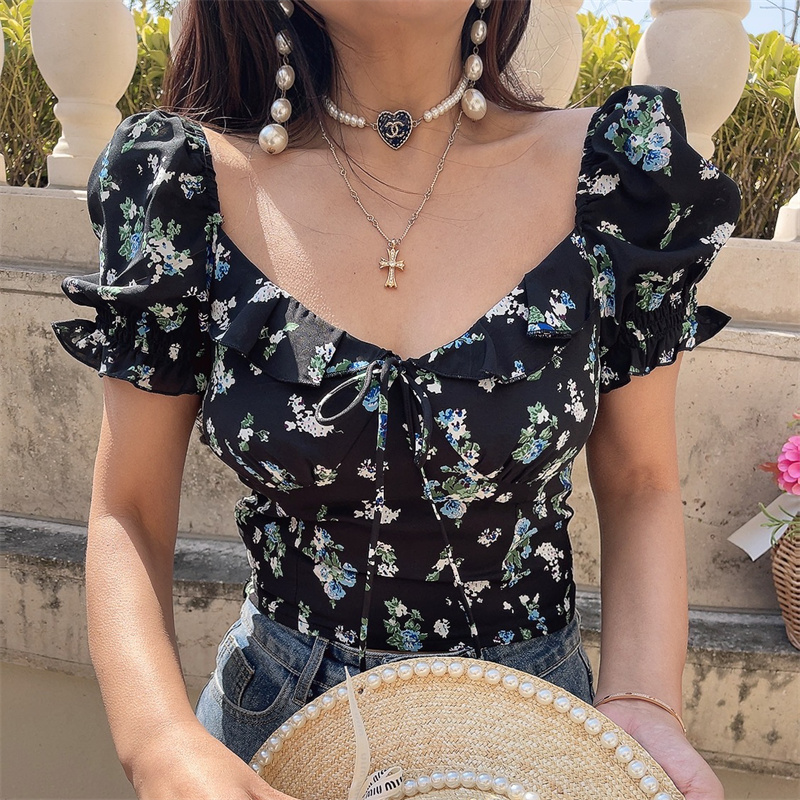 Floral Ruffled Puff Sleeve Tie Short-Sleeve Shirt - 2025 Spring/Summer Vacation Top Floral Ruffled Puff Sleeve Tie Short-Sleeve Shirt - 2025 Spring/Summer Vacation Top