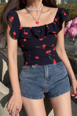 Floral Ruffled Square Neck Cami Top for Women - Handmade Vintage French Style - Spring/Summer 2024 Vacation Fashion