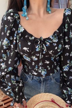 Floral Ruffled Square Neck Lantern Sleeve Crop Top - 2025 Spring/Summer Vacation Style, Y2K Inspired Fashion