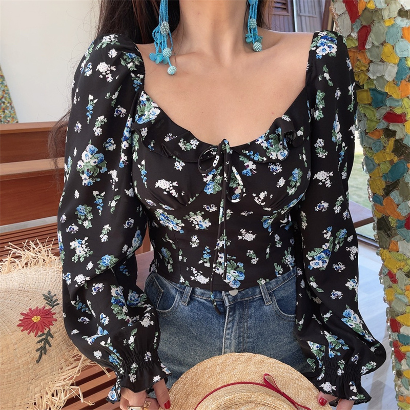 Floral Ruffled Square Neck Lantern Sleeve Crop Top - 2025 Spring/Summer Vacation Style, Y2K Inspired Fashion Floral Ruffled Square Neck Lantern Sleeve Crop Top - 2025 Spring/Summer Vacation Style, Y2K Inspired Fashion