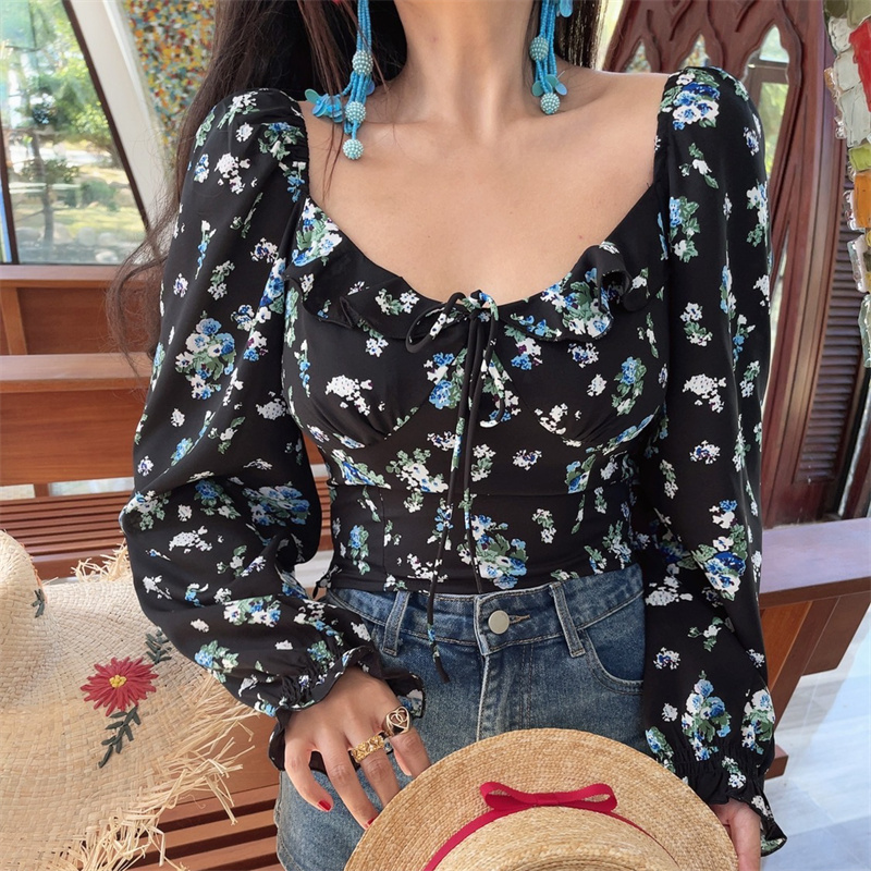 Floral Ruffled Square Neck Lantern Sleeve Crop Top - 2025 Spring/Summer Vacation Style, Y2K Inspired Fashion Floral Ruffled Square Neck Lantern Sleeve Crop Top - 2025 Spring/Summer Vacation Style, Y2K Inspired Fashion