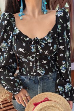 Floral Ruffled Square Neck Lantern Sleeve Crop Top - 2025 Spring/Summer Vacation Style, Y2K Inspired Fashion