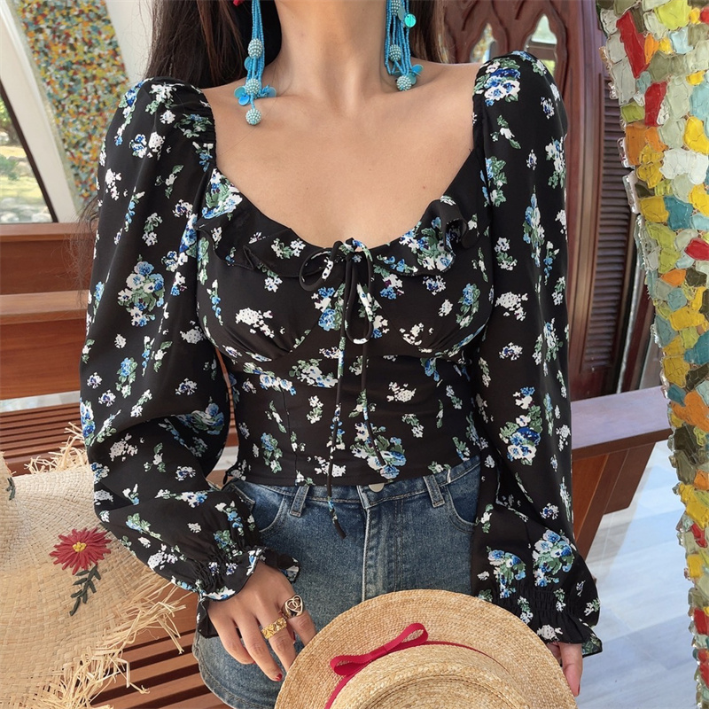 Floral Ruffled Square Neck Lantern Sleeve Crop Top - 2025 Spring/Summer Vacation Style, Y2K Inspired Fashion Floral Ruffled Square Neck Lantern Sleeve Crop Top - 2025 Spring/Summer Vacation Style, Y2K Inspired Fashion