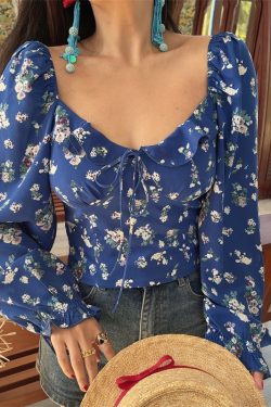 Floral Ruffled Square Neck Lantern Sleeve Crop Top - 2025 Spring/Summer Vacation Style, Y2K Inspired Fashion