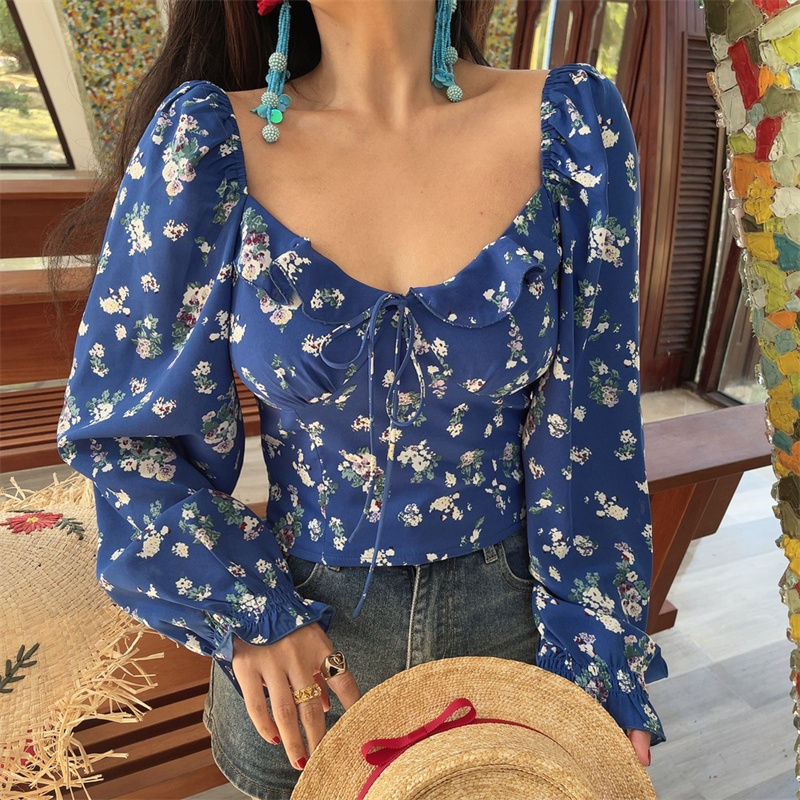 Floral Ruffled Square Neck Lantern Sleeve Crop Top - 2025 Spring/Summer Vacation Style, Y2K Inspired Fashion Floral Ruffled Square Neck Lantern Sleeve Crop Top - 2025 Spring/Summer Vacation Style, Y2K Inspired Fashion