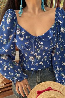 Floral Ruffled Square Neck Lantern Sleeve Crop Top - 2025 Spring/Summer Vacation Style, Y2K Inspired Fashion