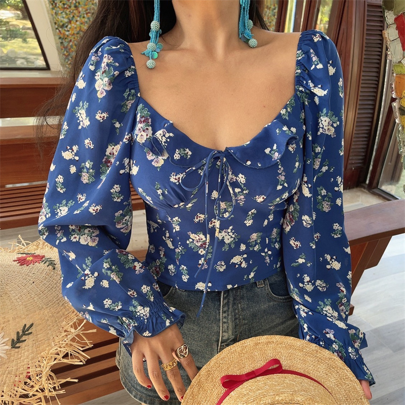 Floral Ruffled Square Neck Lantern Sleeve Crop Top - 2025 Spring/Summer Vacation Style, Y2K Inspired Fashion Floral Ruffled Square Neck Lantern Sleeve Crop Top - 2025 Spring/Summer Vacation Style, Y2K Inspired Fashion