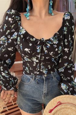 Floral Ruffled Square Neck Lantern Sleeve Crop Top - 2025 Spring/Summer Vacation Style, Y2K Inspired Fashion