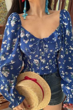 Floral Ruffled Square Neck Lantern Sleeve Crop Top - 2025 Spring/Summer Vacation Style, Y2K Inspired Fashion