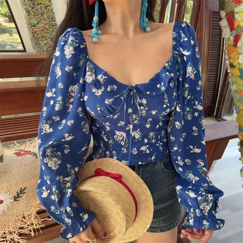 Floral Ruffled Square Neck Lantern Sleeve Crop Top - 2025 Spring/Summer Vacation Style, Y2K Inspired Fashion Floral Ruffled Square Neck Lantern Sleeve Crop Top - 2025 Spring/Summer Vacation Style, Y2K Inspired Fashion